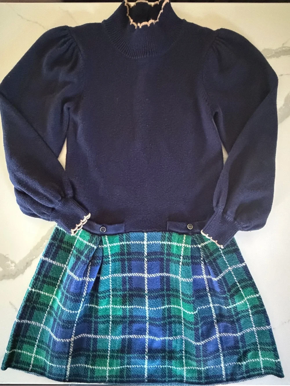 Janie and Jack Navy Mock-Neck Puff Sleeve Sweater with Green & Blue Plaid Skirt